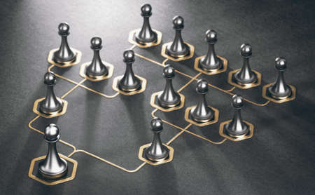 3D illustration of many pawns and golden organizational sheme over black background. Company hierarchy concept.の写真素材