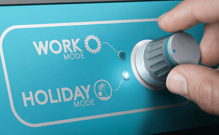 Man switching between work and holiday modes. Office closing announcement concept. Composite image between a hand photography and a 3D background.の写真素材