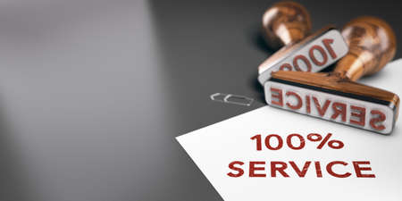 Slogan 100 percent service printed on a sheet of paper angle with two rubber stamps. 3d illustration with copy space on the left.の写真素材