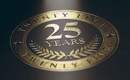 Golden marking over black background with the text 25 years. Concept for a 25th anniversary celebration announcement. 3d illustration.の写真素材