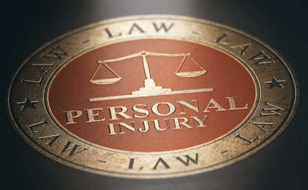 Personal injury written with golden letters over red and black background. Law concept. 3d illustration.の写真素材
