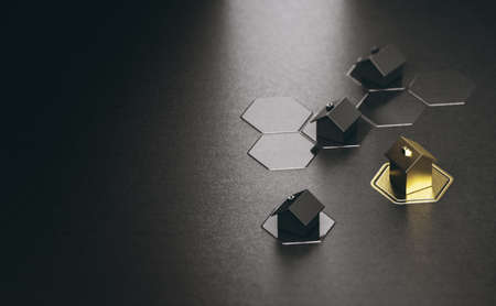 3d illustration of 3 houses and a golden one over hexagon shapes and black background with copy...