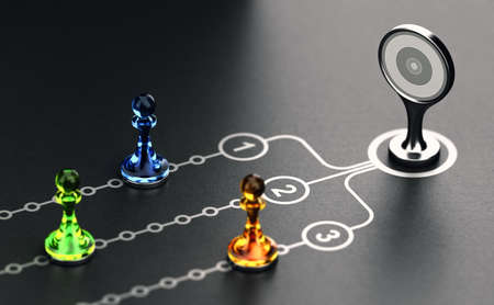 3D illustration of glass pawns ovec black background with a target. Concept of OKR, Objective and Key Results.の写真素材