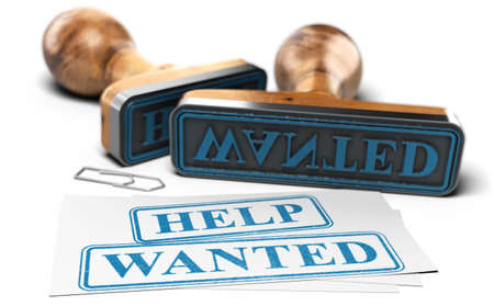 3d illustration of two rubber stamps with the text help wanted written on a cardの写真素材