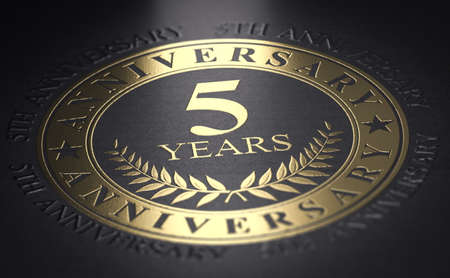 5th anniversary celebration announcement. Golden marking over black background with the text 5 years. 3d illustration.の写真素材