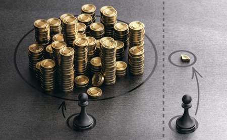 Two pawns and symbolic golden coins over black background. Concept of economic or income inequality and economic gap between rich and poor. 3D illustration.の写真素材