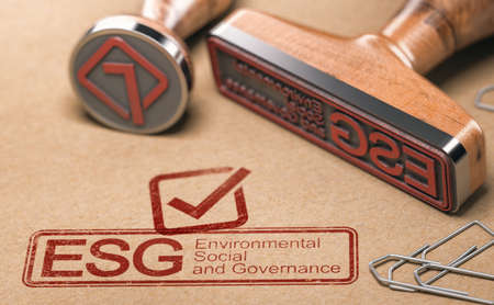 ESG, Environmental, Social and Governance printed in blue with two rubber stamps over brown paper. Corporateresponsibility concept.の写真素材