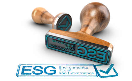 ESG, Environmental, Social and Governance printed in blue with two rubber stamps over white...