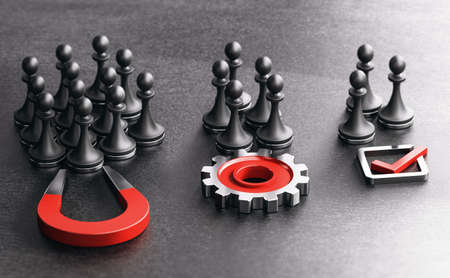 Horseshoe magnet, gear and mark with pawns over black background. Concept of inbound marketing....