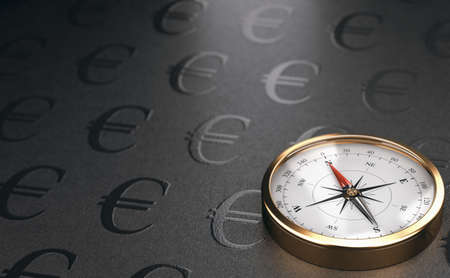 Golden compass over black background with euro symbol and copy space. Concept of asset management and financial services. 3D illustration.の写真素材