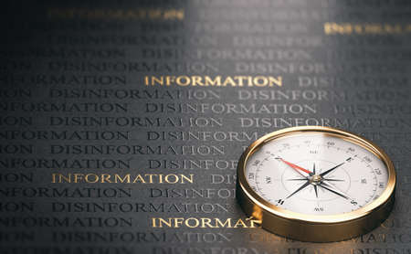 3d illustration of a compass over black and golden background with the words disinformation and information. Concept of finding good and credible sources.の写真素材