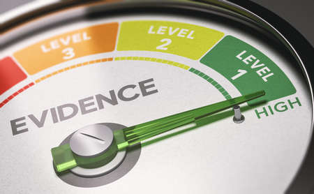 Dial with neddle pointing the highest level. Evidence-based practice concept. 3D illustration.の写真素材