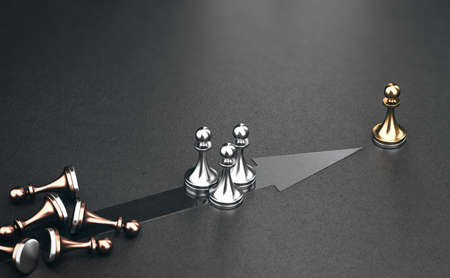 3D illustration of golden, silver and bronze pawns over black background. Concept of leadership strategy and competitive advantage.の写真素材