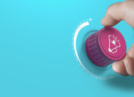 Man turning a pink knob with a megaphon icon. Brand communication strategy and advertising concept...