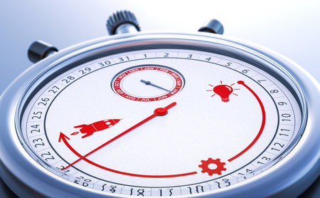 Conceptual stopwatch describing the time to create, develop and launch a new project. TTM, Time To...