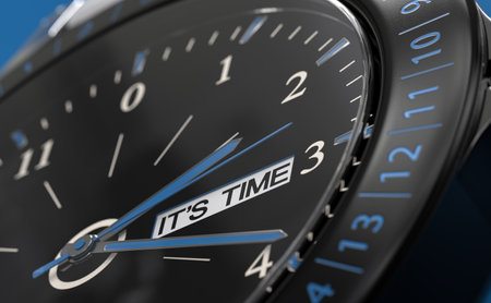3d illustration of a clock with the text it's time. Concept of deadline or urgency to achieve a goal.の写真素材