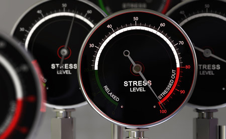 Gauge with needle pointing the word stressed out. Employee occupational burnout concept. 3d illustration.の写真素材