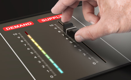 Hand moving a slider to adjust products offer. Supply and demand management concept. Composite image...