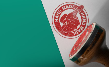 Rubber stamp with the text hand made product or creation with copy space on the left. 3d illustration.の写真素材