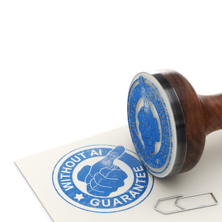 3d illustration of a rubber stamp with the text without AI guarantee. concepts of services based on non Artificial Intelligence techniques.の写真素材