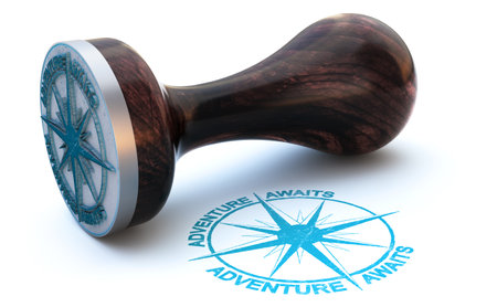 Rubber stamp with the text adventure awaits over white background. 3d illustration.の写真素材