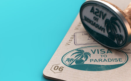 Rubber stamp and visa on a table. Concept of tropical destination vacation and travel to paradise. 3d illustration.の写真素材
