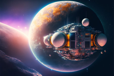 Space station in orbit around a large planet, nebula and cosmic cloud in the background, solar rays, concept art, illustration created with generative AI technologyの素材