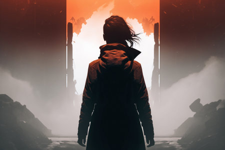Illustration of a woman seen from behind, wearing a trench coat with a hood. Dystopian street, urban environment between buildings and debris, created with generative AIの素材