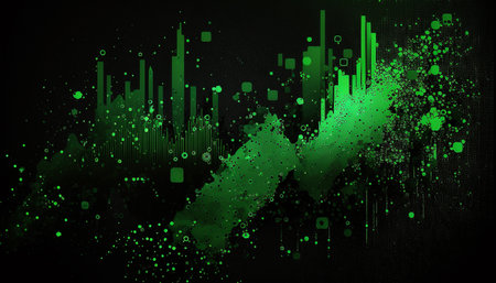 Abstract positive green stock market chart representing growth, green shapes and particles, dark background, created with generative AIの素材