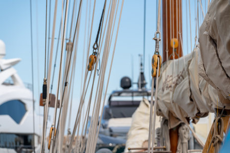 Web of braided ropes on many sail boats