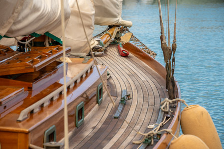An old sailboat wooden deckの写真素材