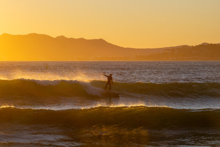 A surfer at sunset on golden waves