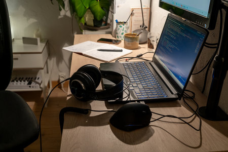 Home office desk at nightの写真素材