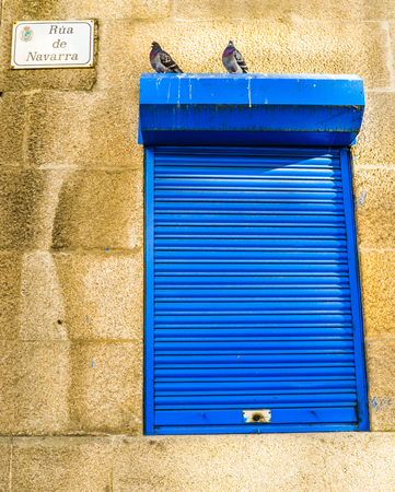 Two pigeons above a blue closed doorのeditorial素材
