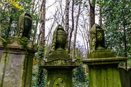 London/UK. 12.2.20. Graves surrounded by dense undergrowth in the atmospheric western part of Highgate Cemetery in north Londonのeditorial素材