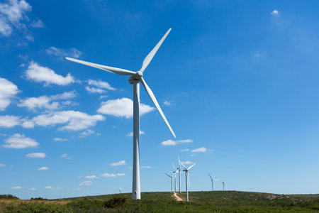 Group of wind turbine on the top of hills in southern Franceの写真素材
