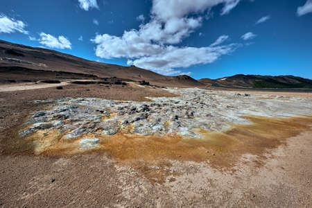 Hverir, a geothermal area 5 kilometers east of ReykjahlÃ­Ã°, a municipality on the northern shore of Lake MÃ½vatn.の写真素材