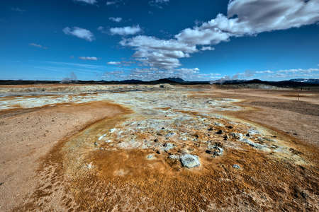 Hverir, a geothermal area 5 kilometers east of ReykjahlÃ­Ã°, a municipality on the northern shore of Lake MÃ½vatn.の写真素材