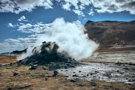 Hverir, a geothermal area 5 kilometers east of ReykjahlÃ­Ã°, a municipality on the northern shore of Lake MÃ½vatn.の写真素材