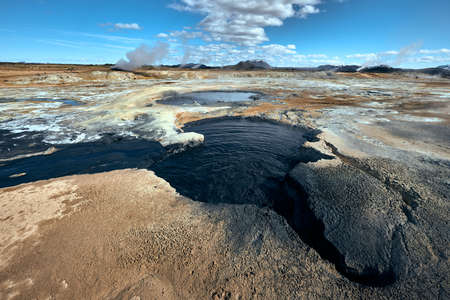 Hverir, a geothermal area 5 kilometers east of ReykjahlÃ­Ã°, a municipality on the northern shore of Lake MÃ½vatn.の写真素材