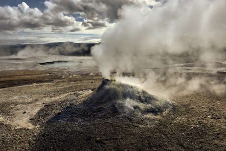Hverir, a geothermal area 5 kilometers east of ReykjahlÃ­Ã°, a municipality on the northern shore of Lake MÃ½vatn.の写真素材