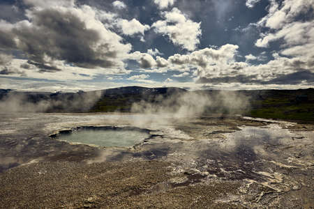 Hverir, a geothermal area 5 kilometers east of ReykjahlÃ­Ã°, a municipality on the northern shore of Lake MÃ½vatn. Hverir, a geothermal area located 5 kilometers east of ReykjahlÃ­Ã°, a town on the north shore of Lake MÃ½vatn.の写真素材