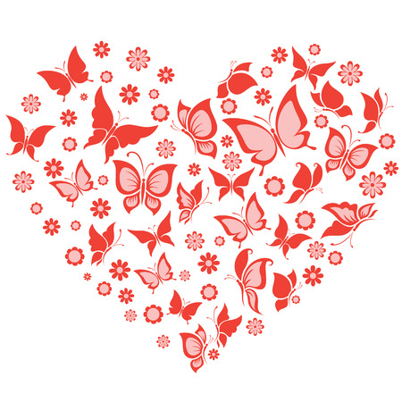 Vector illustration of the butterfly and flowers in heart shape.のイラスト素材