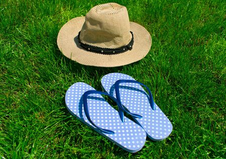 Blue flip flops on the green grass. Concept for summer holidaysの写真素材