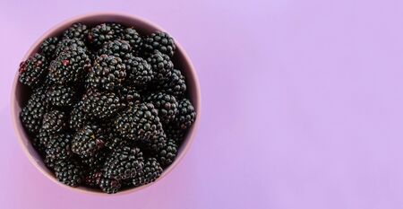 Fresh blackberry in a plate isolated on a purple background. Top view. Copy space.