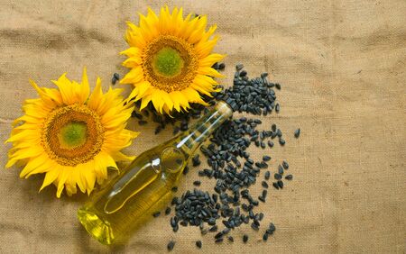 Closeup photo of sunflower oil with seeds on light natural linen background. Bio and organic product concept.の写真素材
