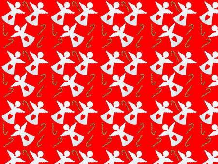 Seamless pattern from small figures of white angels and Christmas candies on a red background. Paper for wrapping gifts.の写真素材