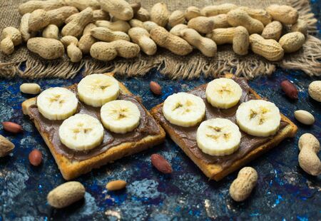 Toast with chocolate peanut butter and banana.の写真素材