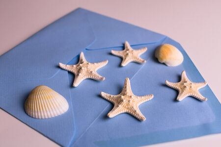 Starfish and seashells fall out of a blue envelope. Concepts of vacation time.の写真素材