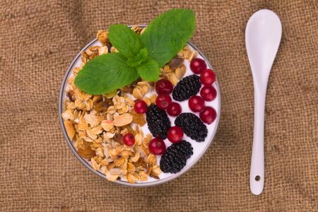 A plate of yogurt with berries and granola. The concept of a healthy diet. Top view.